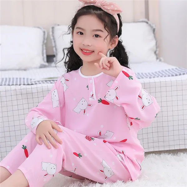 Summer Kids Cotton Pajama Set – Soft Cartoon Long Sleeve Breathable Sleepwear for Girls