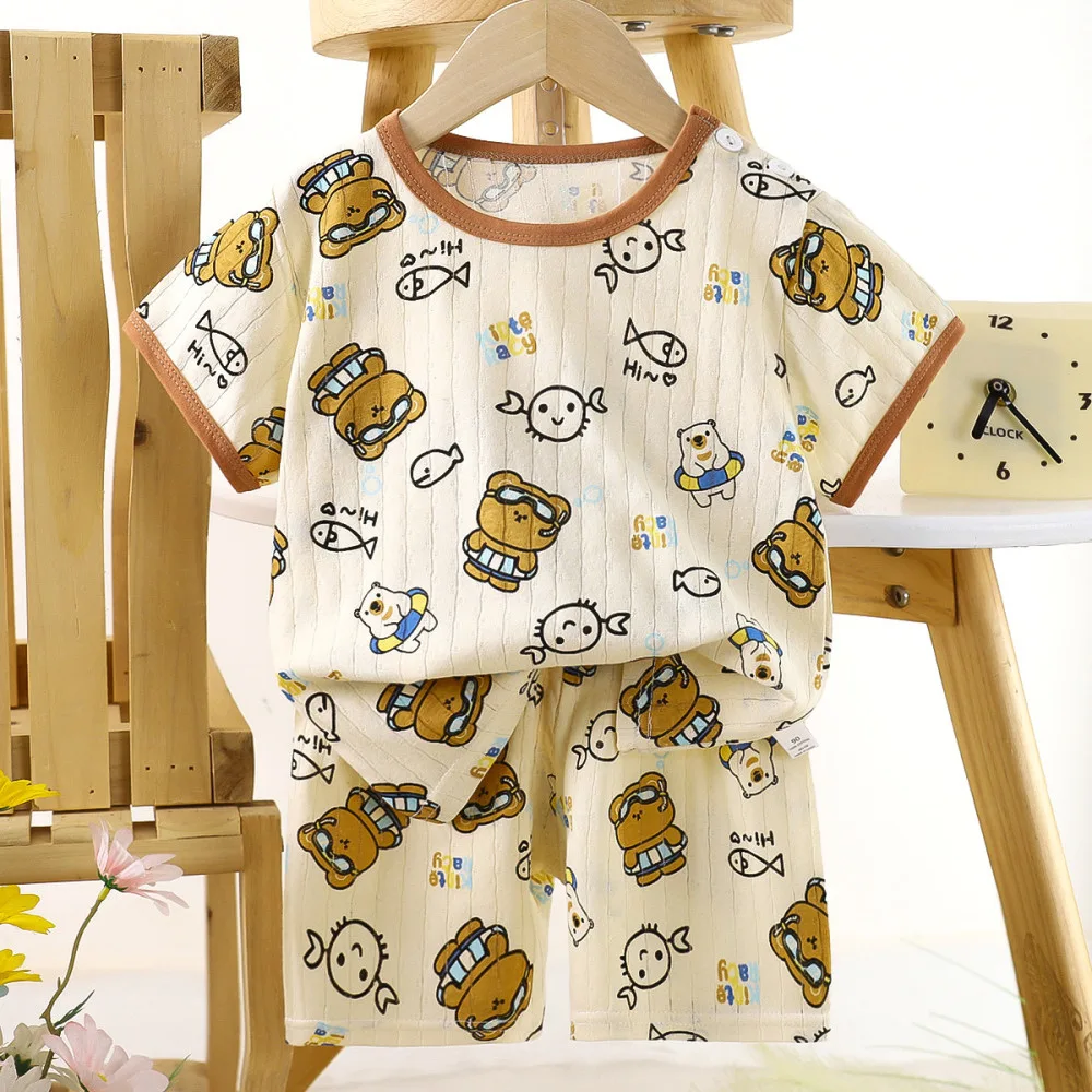 Children’s Cotton Summer Pajama Set – Short Sleeve Two-Piece with Cartoon Print | Diving Bear