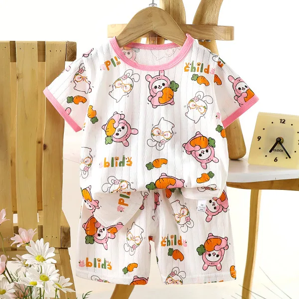 Children’s Cotton Summer Pajama Set – Short Sleeve Two-Piece with Cartoon Print | Jumping Rabbit