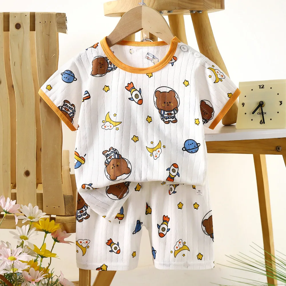 Children’s Cotton Summer Pajama Set – Short Sleeve Two-Piece with Cartoon Print | Rocket Bear