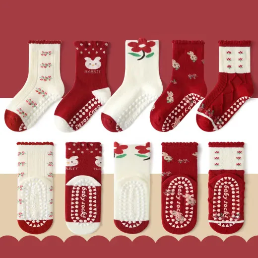 1-3 Year | 5 Pair Brown Chocolate Cozy Non-Slip Socks for Toddlers | Green Dino Grip Socks by Durian Minliu Sock | Imported China | 5 Pair Set