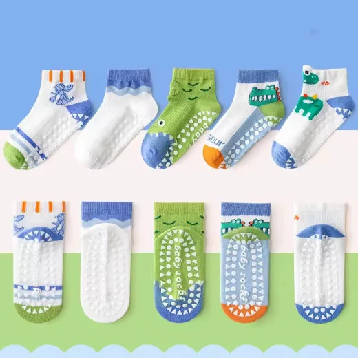 1-3 Year | 5 Pair Brown Chocolate Cozy Non-Slip Socks for Toddlers | Green Dino Grip Socks by Durian Minliu Sock | Imported China | 5 Pair Set
