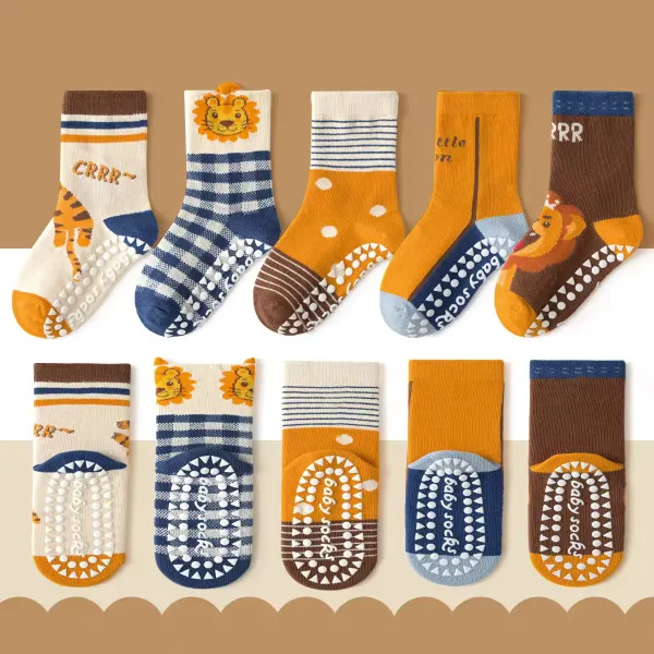 1-3 Year | 5 Pair Brown Chocolate Cozy Non-Slip Socks for Toddlers | Green Dino Grip Socks by Durian Minliu Sock | Imported China | 5 Pair Set