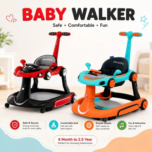 Multifunctional Comfortable Music Baby Walker Assistant Car Shape Baby Walker With Push Handle