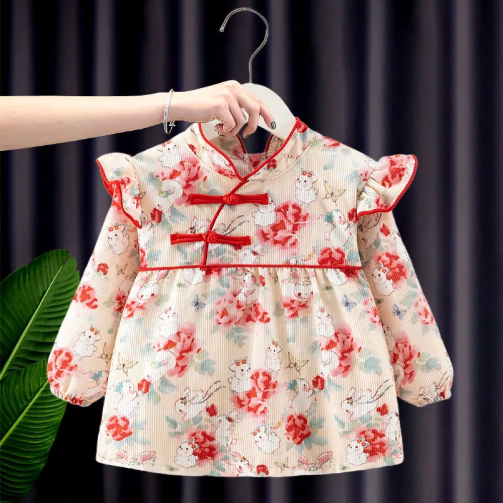 Waterproof Baby Girl Feeding Dress – Long Sleeve Autumn Winter Princess Bib Apron (peony rabbit) | Stylish Toddler Overalls (0–2 Years)