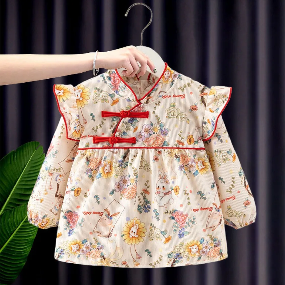 Waterproof Baby Girl Feeding Dress – Long Sleeve Autumn Winter Princess Bib Apron (Sunflower Rabbit Design) | Stylish Toddler Overalls (0–2 Years)