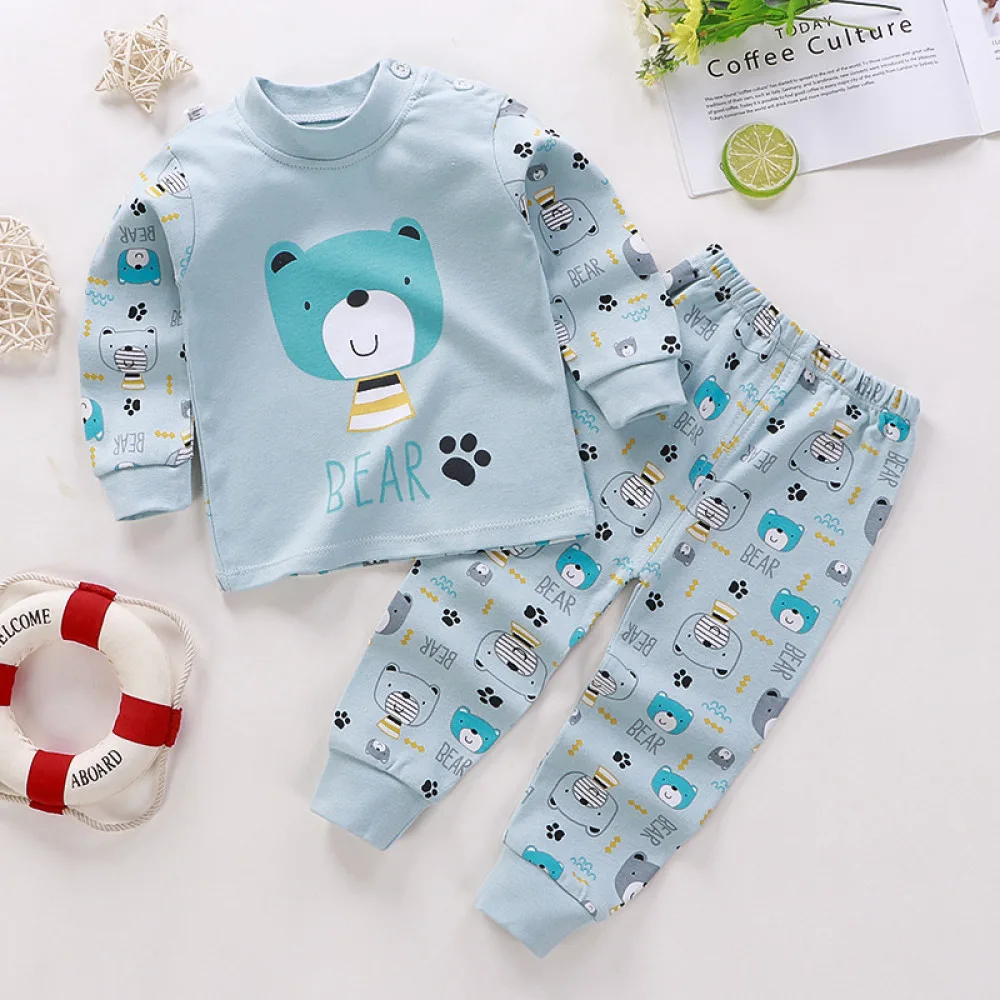 Top-Bottom Suit Boys & Girls Long Sleeve Comfortable Cute Cartoon Tops and Pants Set | Style: Blue Bear
